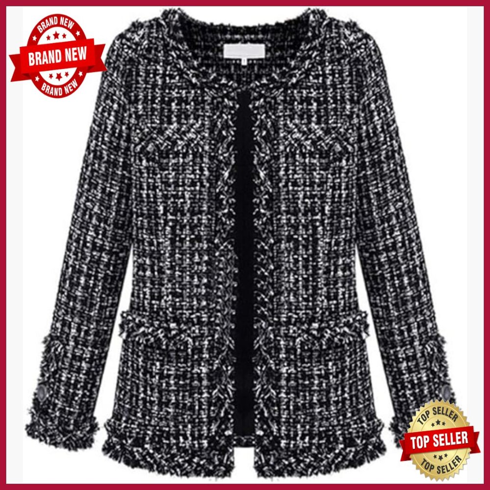 Women's Plaid Tweed Blazer Open Front Fringed Trim Slim Fit Business Casual